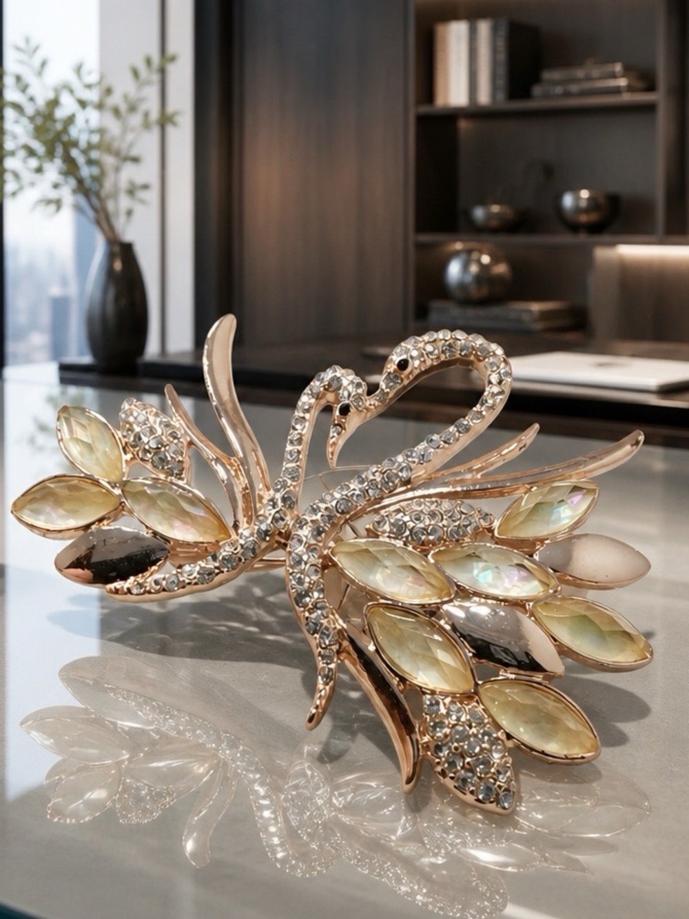 Anne Klein Elegant Gold-Tone Crystal DoubleSwan Brooch